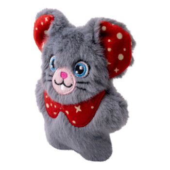 Gray plush mouse toy with blue eyes, pink nose, and red ears and collar with white star patterns.