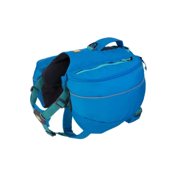 Blauer Hunderrucksack mit verstellbaren Riemen und mehreren Reißverschlussfächern, ideal für Outdoor-Abenteuer.