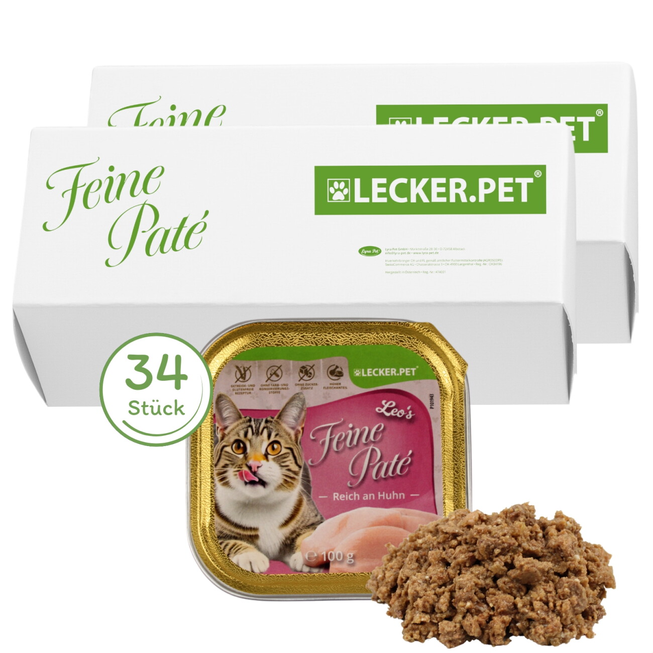Lyra Pet Lecker.Pet Leo's Feine Paté Reich an Huhn Katzenfutter Nassfutter Vollnahrung 34x100 g