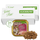 Katzenfutterverpackung mit Leo's Feine Paté, Hühnergeschmack, mit einer verspielten Katze auf dem Etikett und einer Anzahl von 34 Portionen.