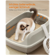 Katze in einer beigen Streuschale mit erhöhten Seiten, angebrachtem Streuschaufel und deutschem Text über Sauberkeit und 23,5 cm Tiefe.