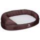 Braunes Haustierbett mit einem plüschigen weißen Innenraum und erhöhten Rändern, mit dem Logo "KNUFFELWUFF" auf der Vorderseite.