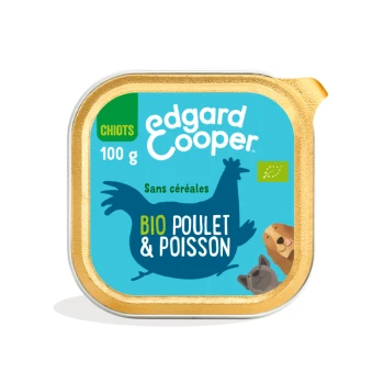 Emballage de nourriture pour animaux Edgard Cooper avec un fond bleu, silhouette de poulet, et texte "BIO POULET & POISSON" avec des illustrations d'animaux.