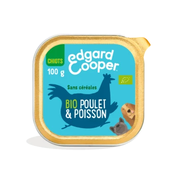 Emballage de nourriture pour animaux Edgard Cooper avec un fond bleu, silhouette de poulet, et texte "BIO POULET & POISSON" avec des illustrations d'animaux.