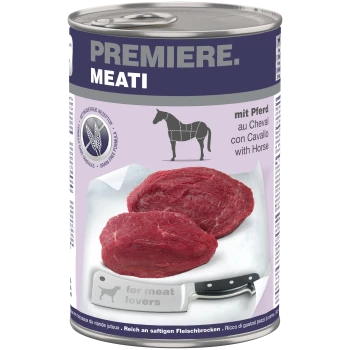 Dose PREMIERE MEATI Tierfutter mit rohem Fleisch, Hackmesser mit der Aufschrift „Für Fleischliebhaber“, Pferdesymbol und dem Text „mit Pferd“.