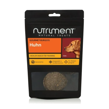 Schwarze Nutriment Natural Treats-Tüte mit Aufschrift 'Gourmet-Burgers Huhn', Hunde-Kopf-Abbildung und sichtbarem rundem Burger-Leckerli.