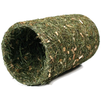 Ein gerollter Tunnel aus natürlichem Heu und Holzspänen, ideal für kleine Haustiere zum Kauen und Spielen.