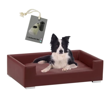 Ein schwarz-weißer Border Collie liegt auf einem braunen Hundebett mit silbernen Beinen, begleitet von einem Etikett, das ein Set für Haustierabfallbeutel zeigt.