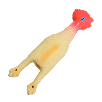 A rubber chicken dog toy, yellow with a red comb and blue eyes, designed for pet play and chewing.