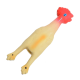 A rubber chicken dog toy, yellow with a red comb and blue eyes, designed for pet play and chewing.