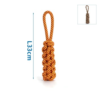 Rot-gelb gestreiftes geknotetes Hundespielzeug mit Schlaufe, 33 cm lang, mit Einblendung der braunen Version.