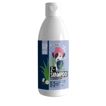 Flasche Z-Shampoo für Haustiere mit einem blauen und pinken Design mit Pfotenabdrücken und dem Text "TIERLIEBHABER" und "EINFACH - NATÜRLICH - SINNVOLL."