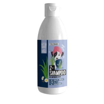 Flasche Z-Shampoo für Haustiere mit einem blauen und pinken Design mit Pfotenabdrücken und dem Text "TIERLIEBHABER" und "EINFACH - NATÜRLICH - SINNVOLL."