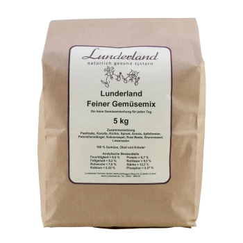 Braune 5‑kg-Papiertüte mit Aufdruck „Lunderland Feiner Gemüsemix“, weißes Frontetikett.
