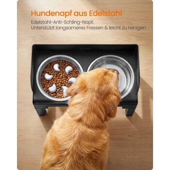 Draufsicht auf einen Golden Retriever an einem erhöhten doppelten Edelstahlnapf; Text 'Hundenapf aus Edelstahl' sowie weiterer deutscher Text