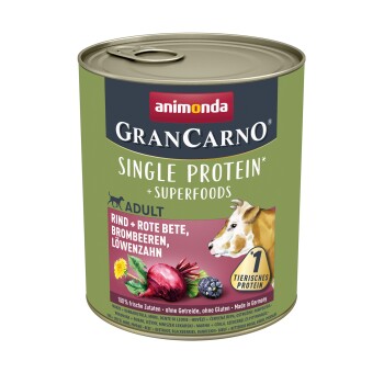 Animonda GranCarno Single Protein Superfoods Rind & Rote Bete, Brombeeren, Löwenzahn 24×800 g