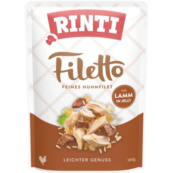 Rinti Filetto Haustierfutterbeutel mit feinem Hühnerfilet mit Lamm in Gelee, 100g, beschriftet mit "Leichter Genuss."