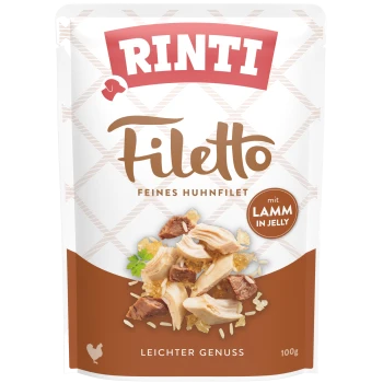 Rinti Filetto Haustierfutterbeutel mit feinem Hühnerfilet mit Lamm in Gelee, 100g, beschriftet mit "Leichter Genuss."