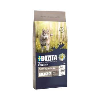 Ein 12 kg Sack Bozita Hundefutter mit der Aufschrift "Welpe & Junior XL mit Lamm," mit einem verspielten Welpen auf der Vorderseite und Nährwertangaben.