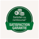 Badge circulaire vert avec le texte "Satisfait ou remboursé*" et "SATISFACTION GARANTIE," avec une icône de pièces en euro.