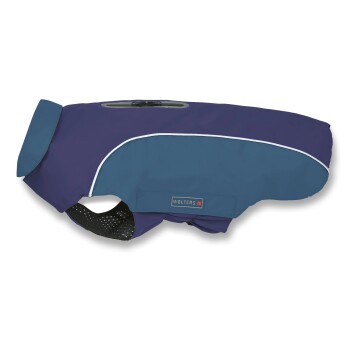 Blauer und marineblauer Wolters Hunderegenmantel mit reflektierendem Besatz und Reißverschluss am Rücken, für kleine bis mittelgroße Hunde.