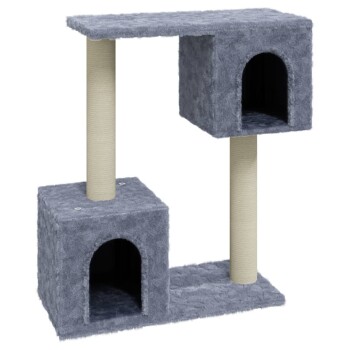 Grau Katzenbaum mit zwei würfelförmigen Verstecken und einem Kratzbaum, mit einem weichen Stoffüberzug.