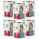 Sechs Dosen Fellicita-Hundefutter mit einem Shetland Sheepdog auf dem Etikett, beschriftet mit "Rind und Gemüse" für erwachsene Hunde.