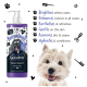 Eine Flasche Bugalugs Maxi White Shampoo mit einem Cartoon-Hund auf dem Etikett, die Vorteile wie das Aufhellen von Fellen und die Hydratation der Haut hervorhebt.