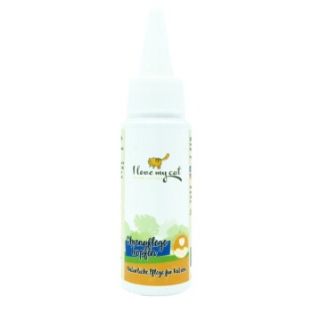 Flasche mit "Ich liebe meine Katze" Ohrpflegemittel für Katzen, mit einem weißen Design und einem gelben Katzenlogo sowie Text in deutscher Sprache.
