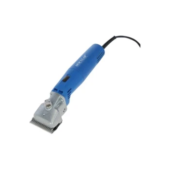 Blaues elektrisches Haustierpflegegerät mit einer Metallklinge und einem Stromkabel, entworfen für effizientes Trimmen von Haustierhaaren.