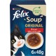 Opakowanie karmy dla kotów Felix Soup Original z figlarnym czarno-białym kotem, z tekstem wskazującym smaki: wołowina, kurczak, jagnięcina.