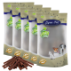 Fünf Beutel Lyra Pet natürliche Haustierleckereien, mit einer Vielzahl von Tieren auf der Verpackung und einem Haufen Leckerli-Sticks davor.