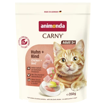 Animonda Carny 350 g Katzenfutterbeutel, Chicken + Beef (Huhn + Rind), Adult 1+, orange getigerte Katze und Futterschale.