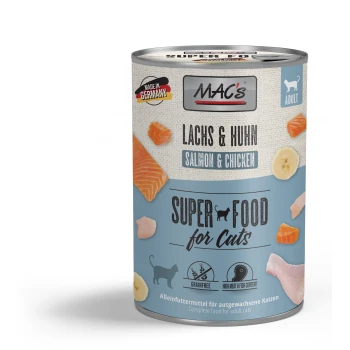 Dose Katzenfutter mit der Aufschrift 'MAC's Lachs & Huhn' mit Bildern von Lachs- und Hühnerstücken, gekennzeichnet als getreidefrei und mit hohem Fleischanteil.