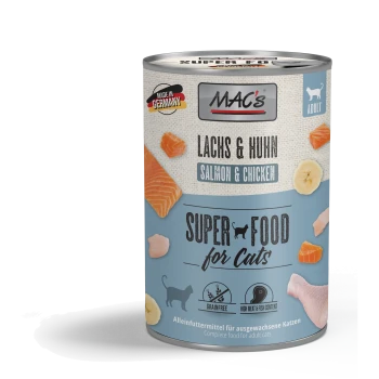 Dose Katzenfutter mit der Aufschrift 'MAC's Lachs & Huhn' mit Bildern von Lachs- und Hühnerstücken, gekennzeichnet als getreidefrei und mit hohem Fleischanteil.