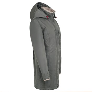 Eine Seitenansicht einer grauen wasserdichten Haustierjacke mit Kapuze, mit einem Reißverschluss vorne und verstellbaren Kordeln.