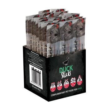Schachtel mit Duck Sticks Hundeleckerlis — Anzeige einzeln verpackter Entensticks mit Hundeabbildung und Beschriftung 'DUCK Sticks'