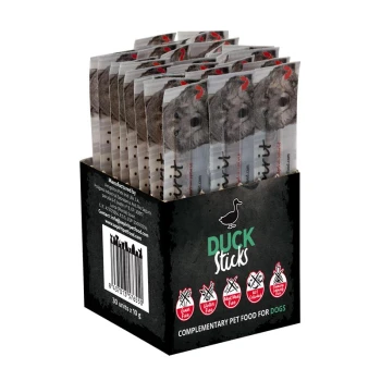 Schachtel mit Duck Sticks Hundeleckerlis — Anzeige einzeln verpackter Entensticks mit Hundeabbildung und Beschriftung 'DUCK Sticks'