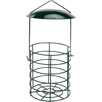 Green metal bird feeder with a circular wire design and a protective roof, suspended by a metal hook.