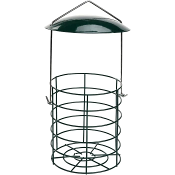 Green metal bird feeder with a circular wire design and a protective roof, suspended by a metal hook.