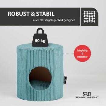 Eine türkisfarbene Haustierhöhle mit runder Öffnung, gekennzeichnet mit 'ROBUST & STABIL', unterstützt bis zu 60 kg und wird als langlebig und stabil beschrieben.