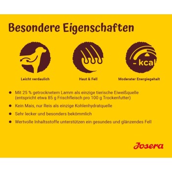 Hundefutter-Werbung, die leichte Verdauung, Haut- und Fellvorteile, 25% getrocknetes Lamm, kein Mais und Reis als Kohlenhydratquelle für gesundes Fell zeigt.