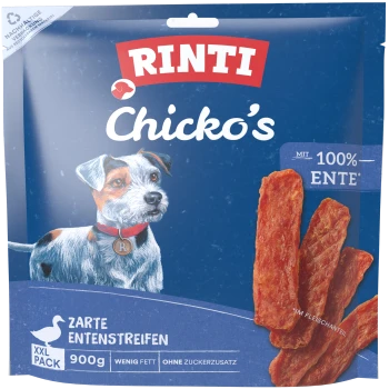 RINTI Chicko's Hundesnacks mit 100 % Ente, 900 g XXL-Packung, fettarm, ohne Zuckerzusatz, blaue Verpackung mit Hundeillustration.