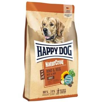 Un sac de nourriture pour chiens Happy Dog NaturCroq avec un golden retriever sur le devant, étiqueté "Rind & Reis" (Bœuf & Riz) pour adultes.