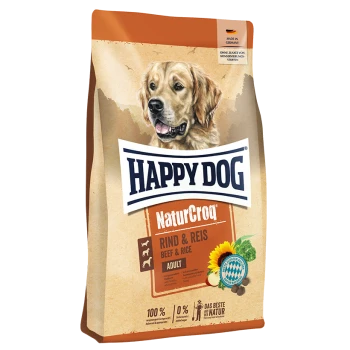 Eine Tüte Happy Dog NaturCroq Hundefutter mit einem Golden Retriever auf der Vorderseite, beschriftet "Rind & Reis" für Erwachsene.