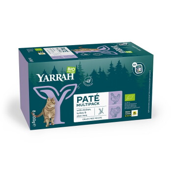 Yarrah Bio-Katzen-Pâté-Multipack-Box mit Katzenabbildung, Text 'PATÉ MULTIPACK', 'mit Huhn, Pute & Aloe Vera', getreidefrei.