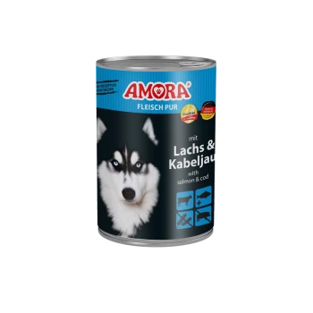 Dose AMORA Hundefutter (Fleisch Pur) mit Husky-Abbildung, beschriftet 'mit Lachs & Kabeljau / with salmon & cod'.