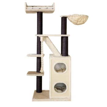 Katzenbaum mit mehreren Ebenen, Kratzpfosten und einer gemütlichen Hängematte oben, entworfen für das Spielen und Entspannen von Katzen.