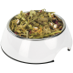 White pet bowl filled with hay, green pellets, dried flower petals and puffed corn for small animals