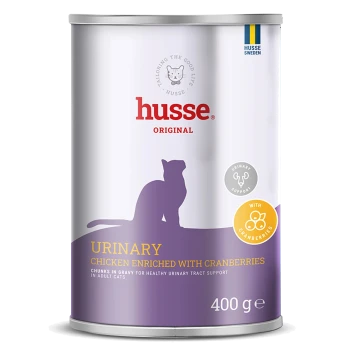 Husse Original Katzenfutterdose — URINARY Huhn, mit Cranberries angereichert, violette Katzensilhouette, 400 g